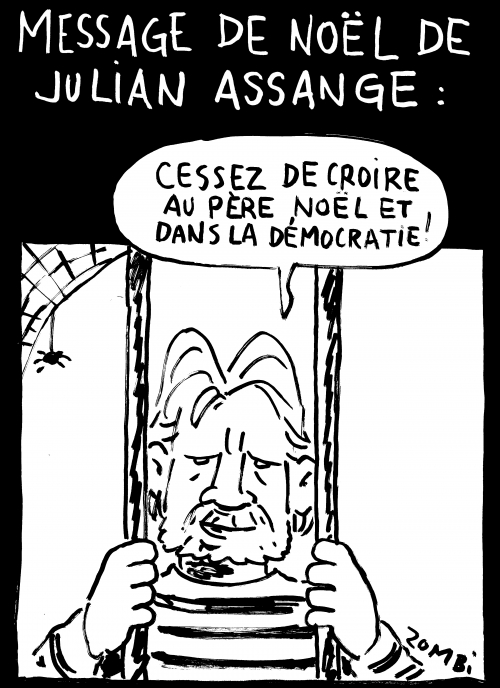 webzine,bd,zébra,gratuit,fanzine,bande-dessinée,caricature,julian assange,prison,angleterre,noël,2020,dessin,presse,satirique,editorial cartoon,zombi