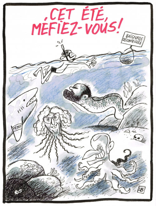 webzine,bd,zébra,gratuit,fanzine,caricature,emmanuel macron,pieuvre,méduse,muriel pénicaud,edouard philippe,murène,requin,été,2017,baignade,medef,énigmatique lb,dessin,presse,siné-mensuel