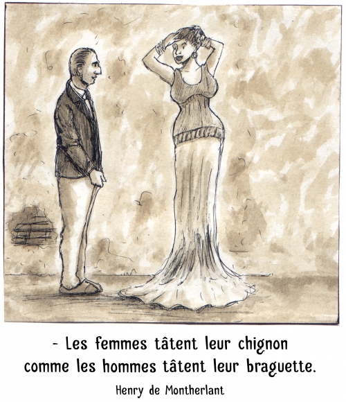 webzine,bd,zébra,gratuit,fanzine,bande-dessinée,caricature,henry,montherlant,femme,homme,braguette,chignon,citation,portrait,dessin,satire,marc schmitt