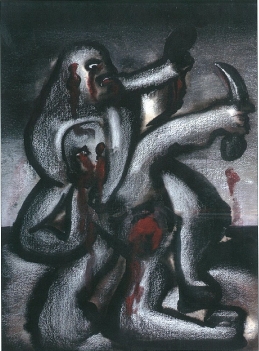 J. Reumeau, Combat-duel,  gouache, craie blanche, pastel, 1974 sur papier.jpg