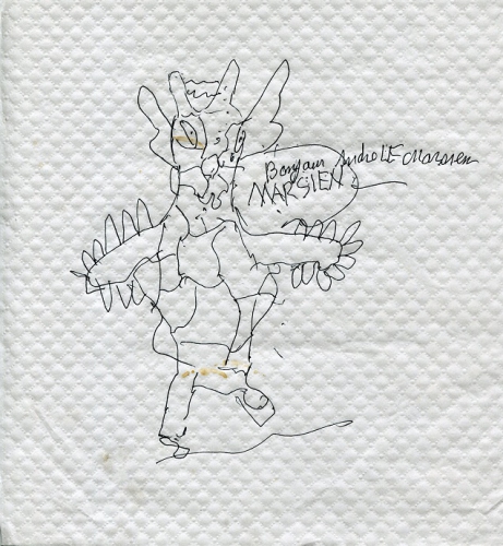 André le Marsien (2), Bonjour MARSIEN, dessin sur nappe en papier, 2016, coll BM.jpg