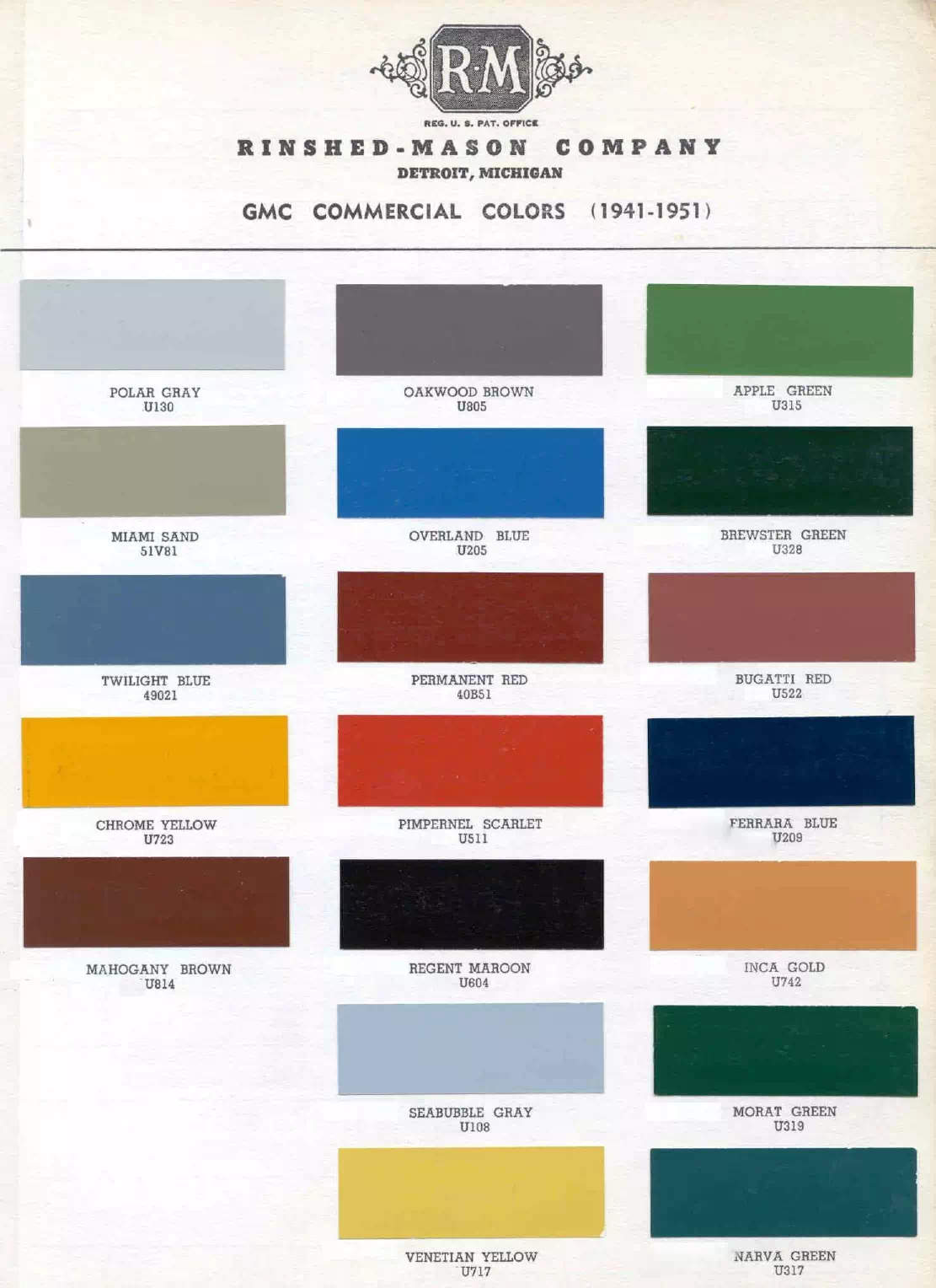 colors and ordering codes for those colors used on 1941 vehicles