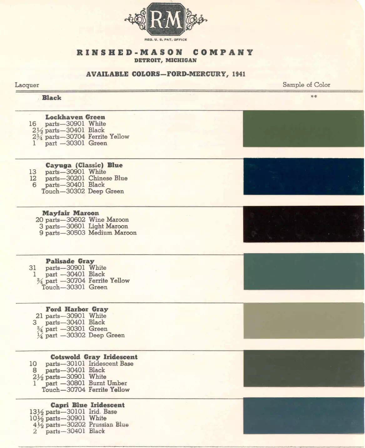 colors and ordering codes for those colors used on 1941 vehicles