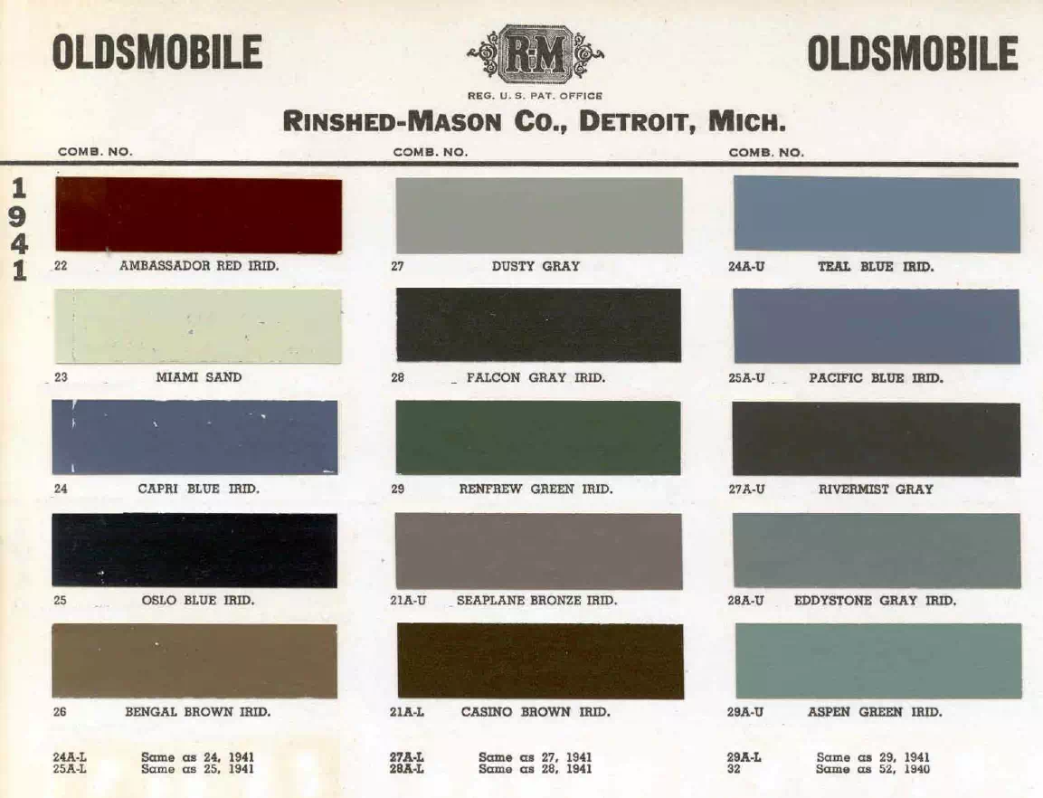 colors and ordering codes for those colors used on 1941 vehicles