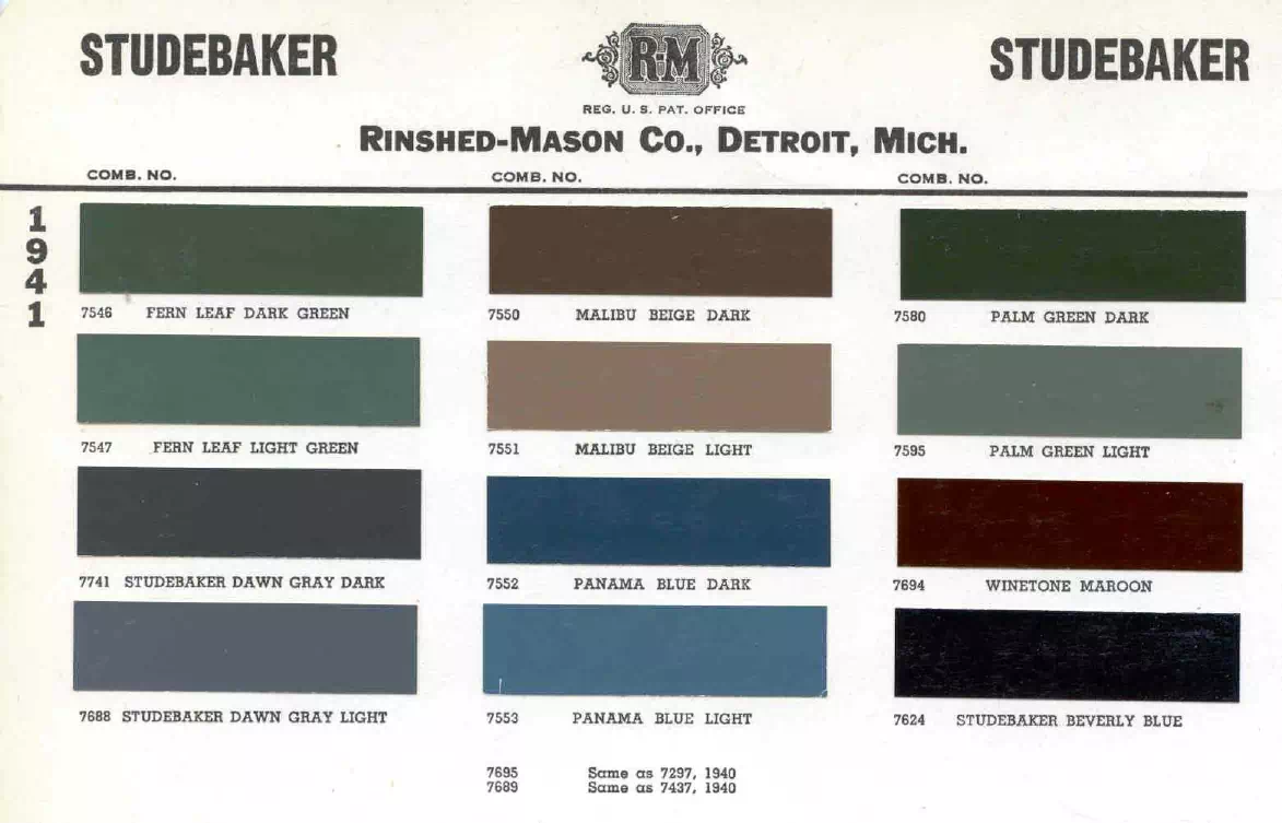 colors and ordering codes for those colors used on 1941 vehicles