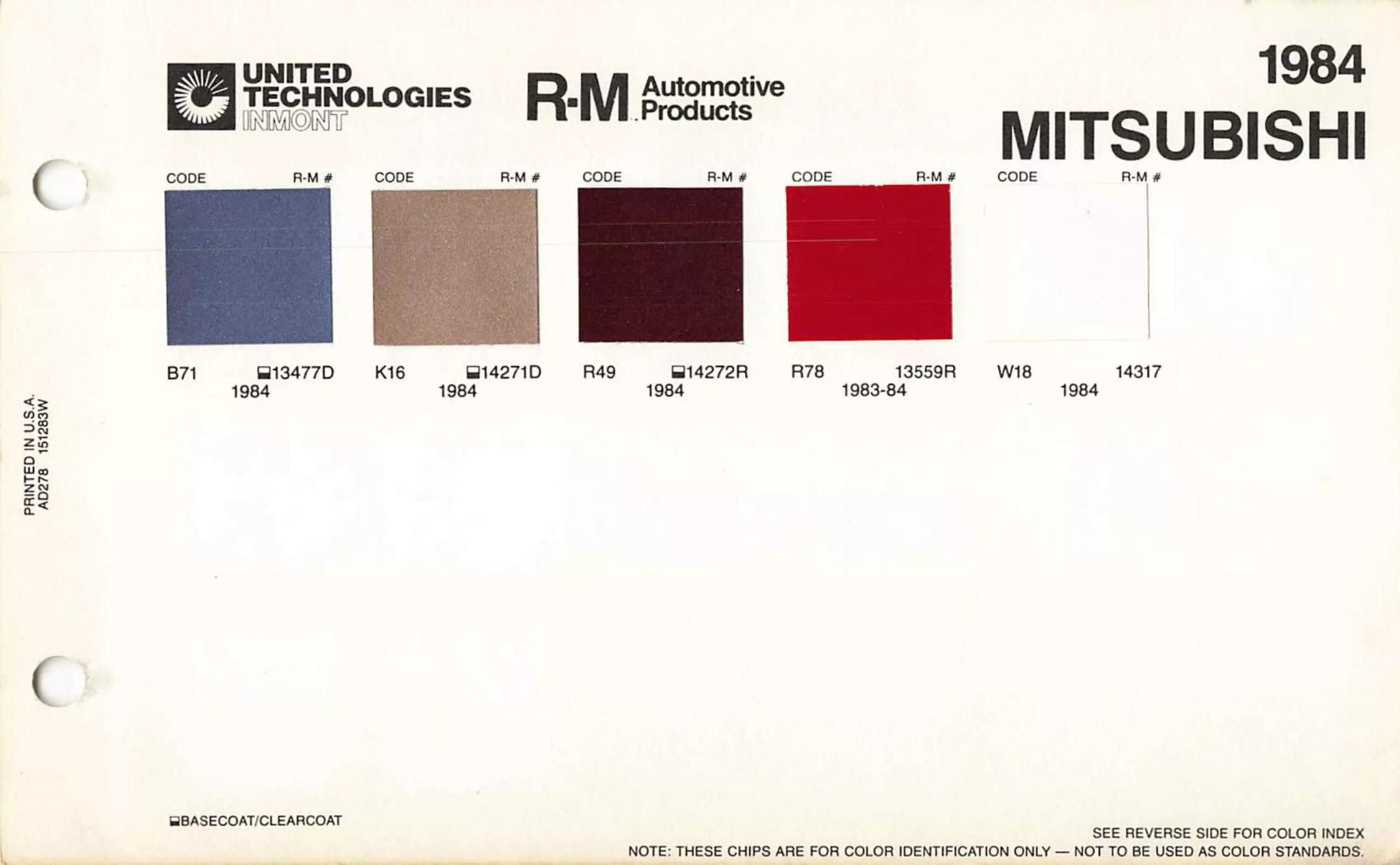 A paint code chart displaying various color swatches and corresponding codes. This chart is used to identify and select specific paint colors for mixing paint and or buying paint for your Mitsubishi vehicle. There are only so many paints used every year. This chart helps you decide what color it is.  