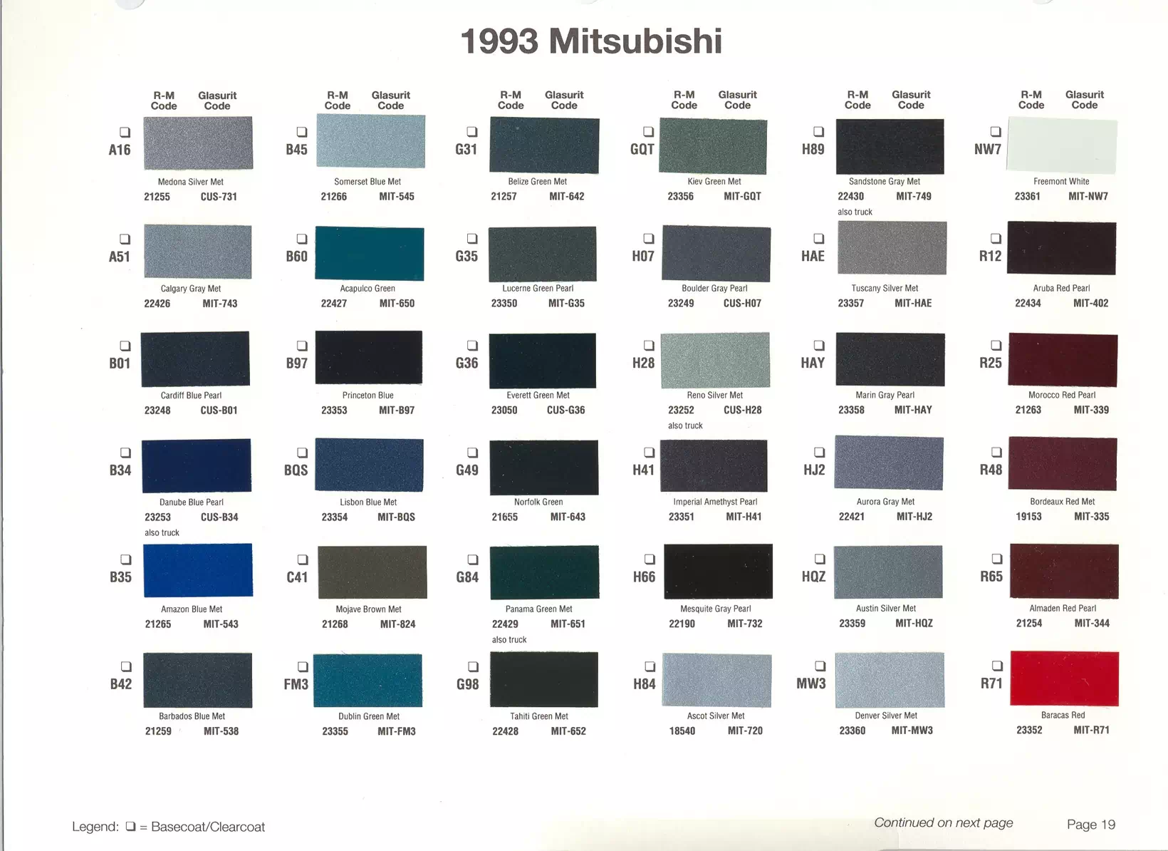 A paint code chart displaying various color swatches and corresponding codes. This chart is used to identify and select specific paint colors for mixing paint and or buying paint for your Mitsubishi vehicle. There are only so many paints used every year. This chart helps you decide what color it is.  