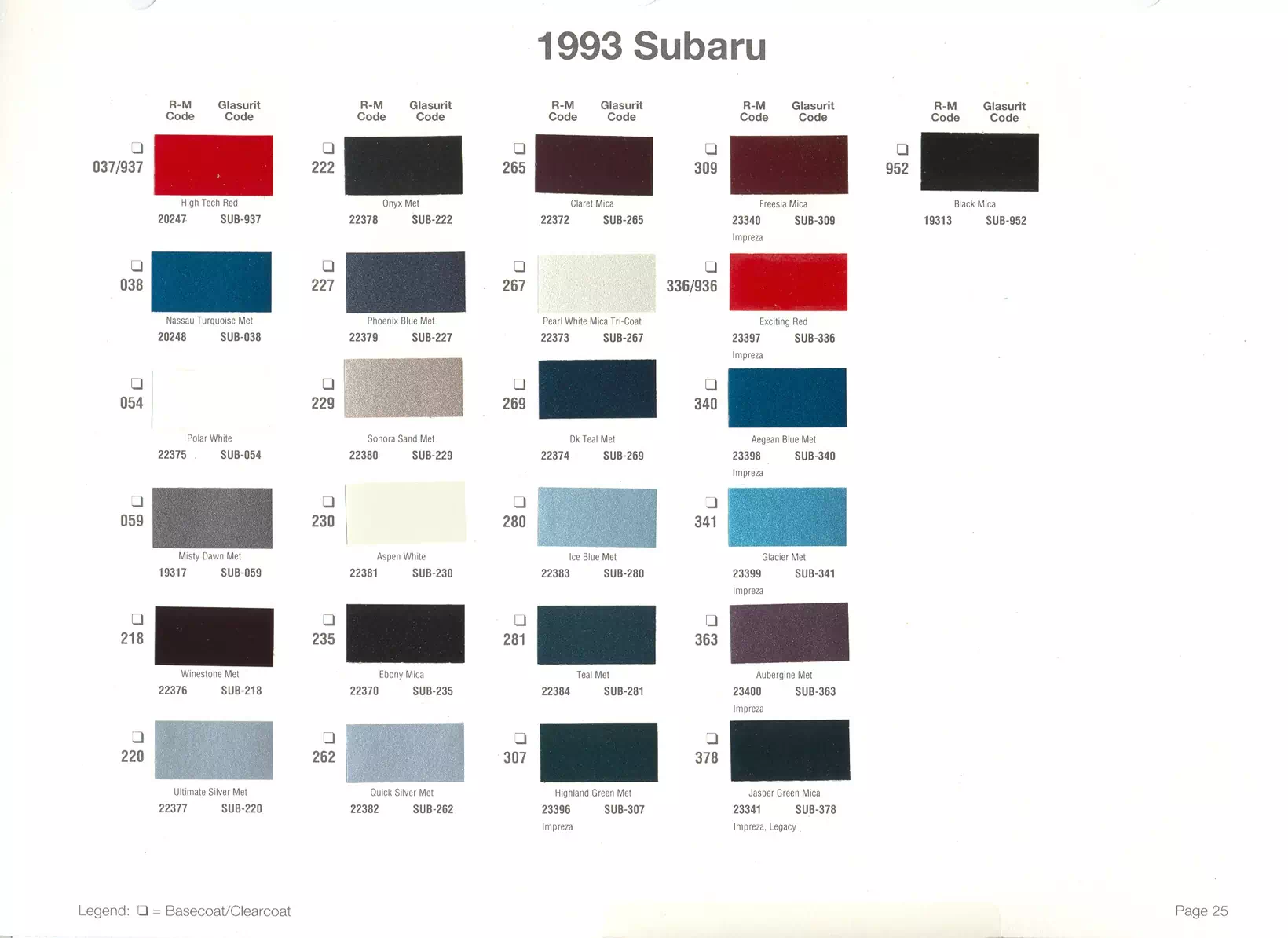 Paint color examples, their ordering codes, the oem color code, and vehicles the color was used on