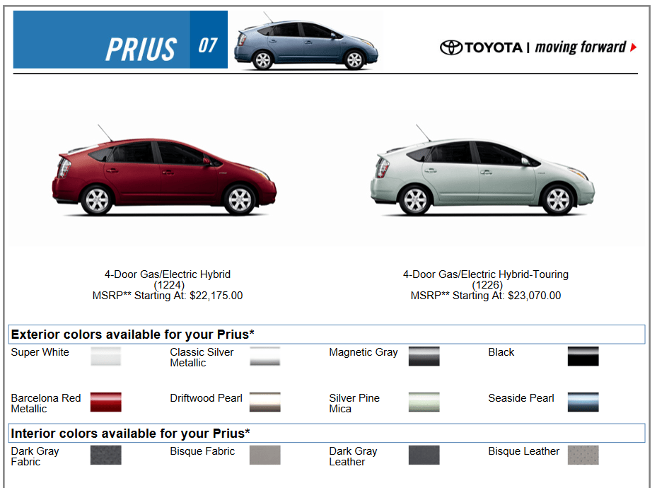 Exterior Paint Options for the Toyota Prius vehicle