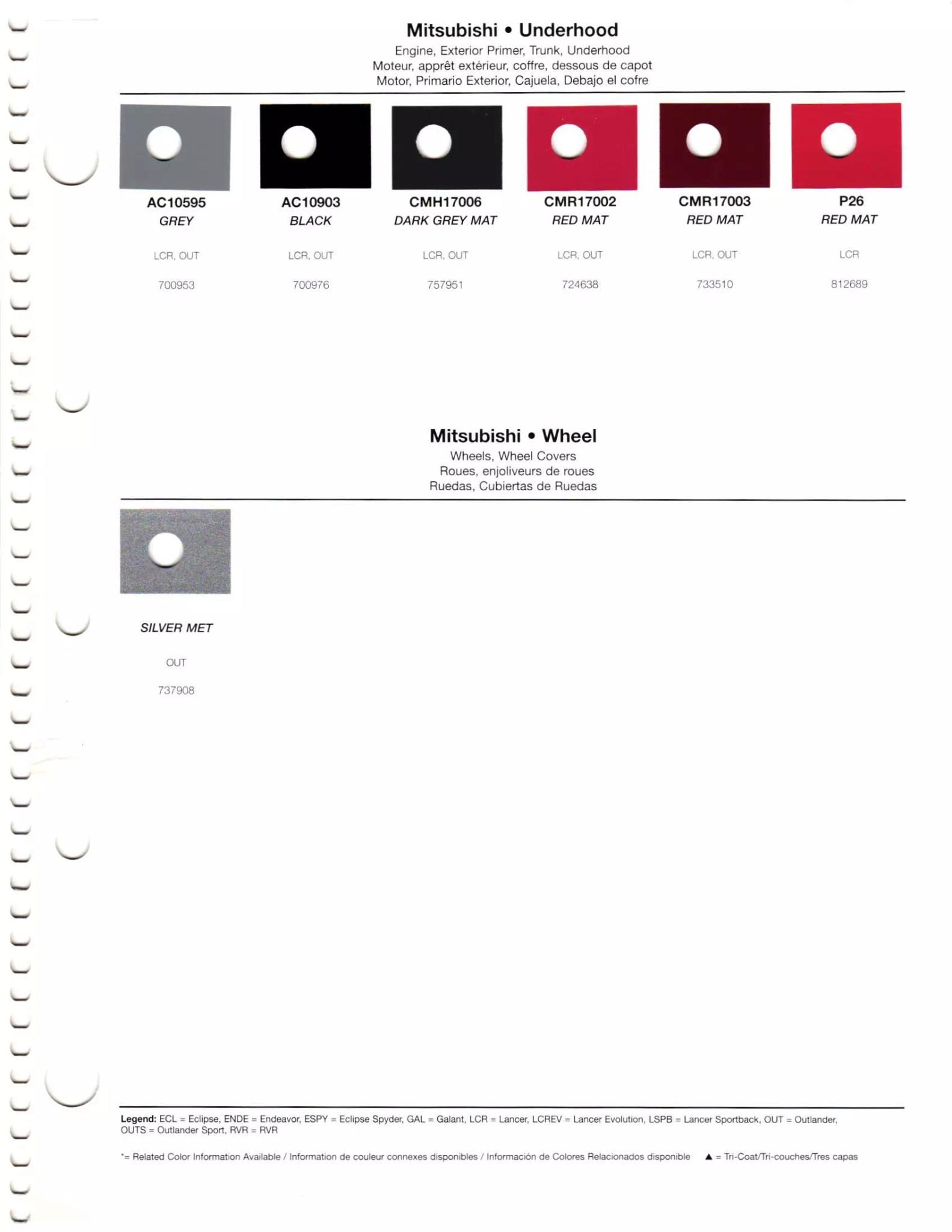 A paint code chart displaying various color swatches and corresponding codes. This chart is used to identify and select specific paint colors for mixing paint and or buying paint for your Mitsubishi vehicle. There are only so many paints used every year. This chart helps you decide what color it is.  