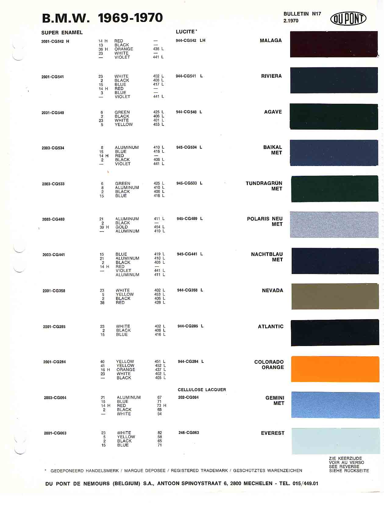 exterior paint colors and their ordering codes for the BMW models