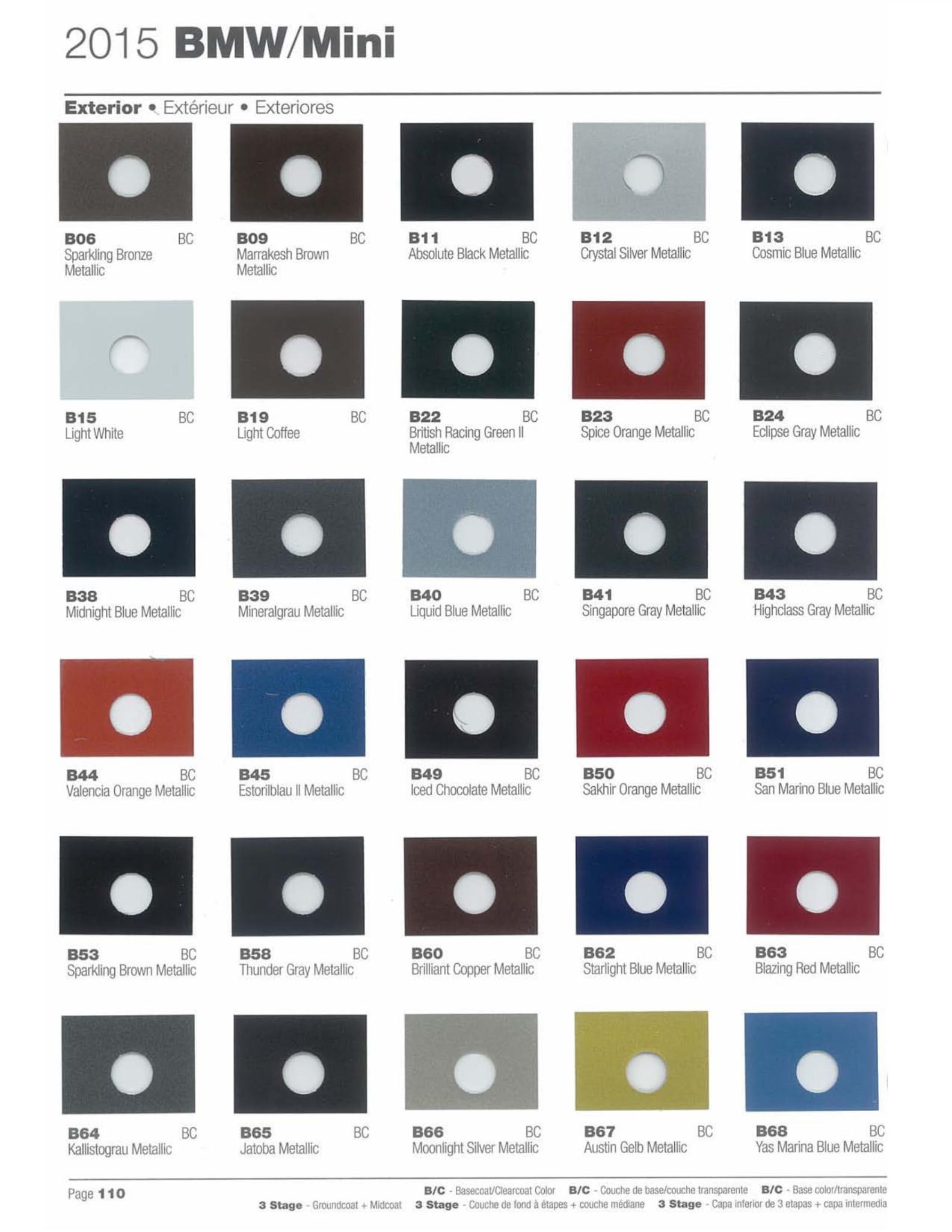 exterior paint colors and their ordering codes for the BMW and mini models