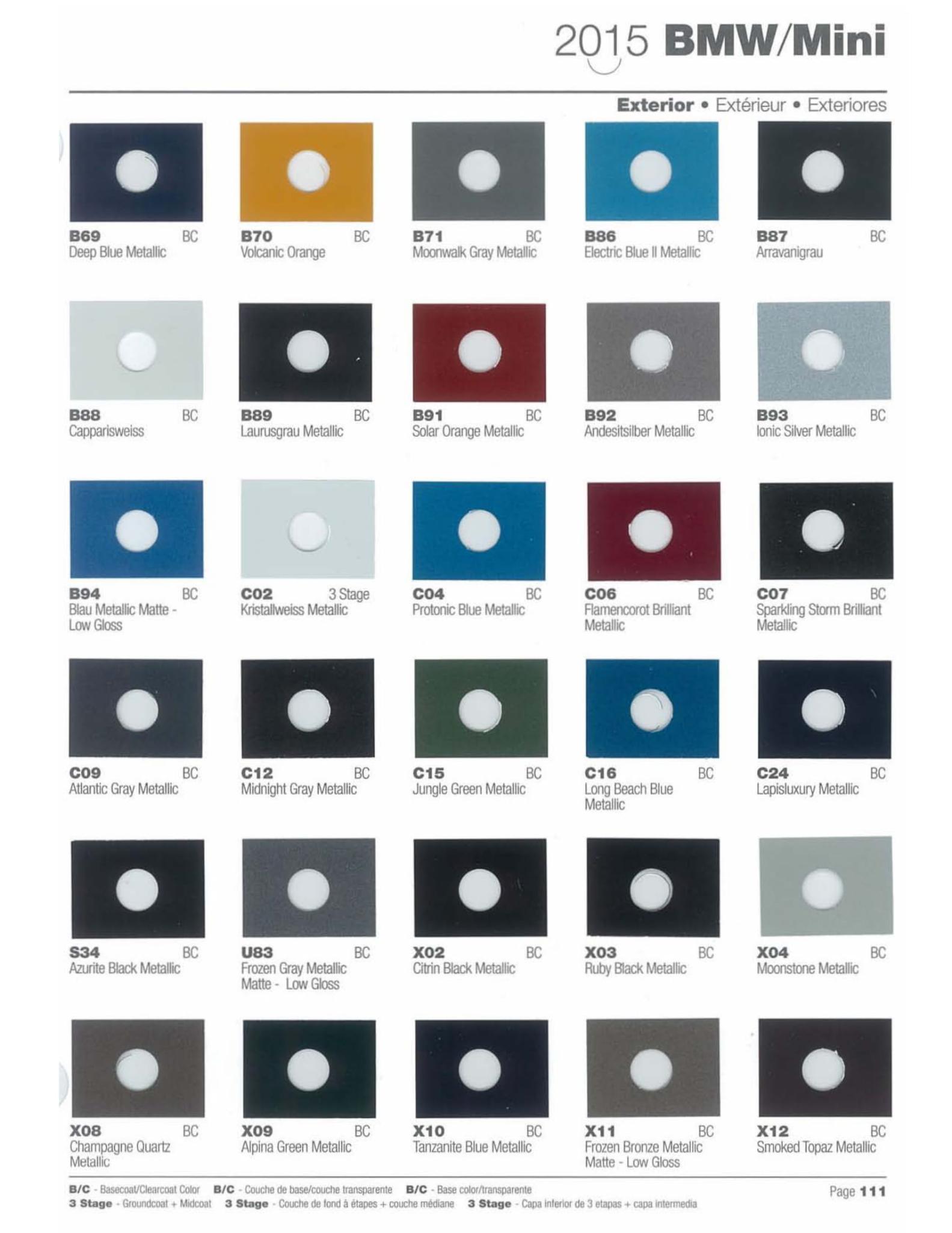 exterior paint colors and their ordering codes for the BMW and mini models