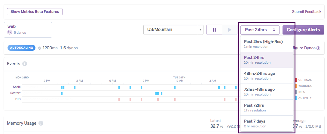 select a metrics time scale drop-down