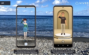 VIVERSE avatar within a real-world environment shown on a smartphone screen