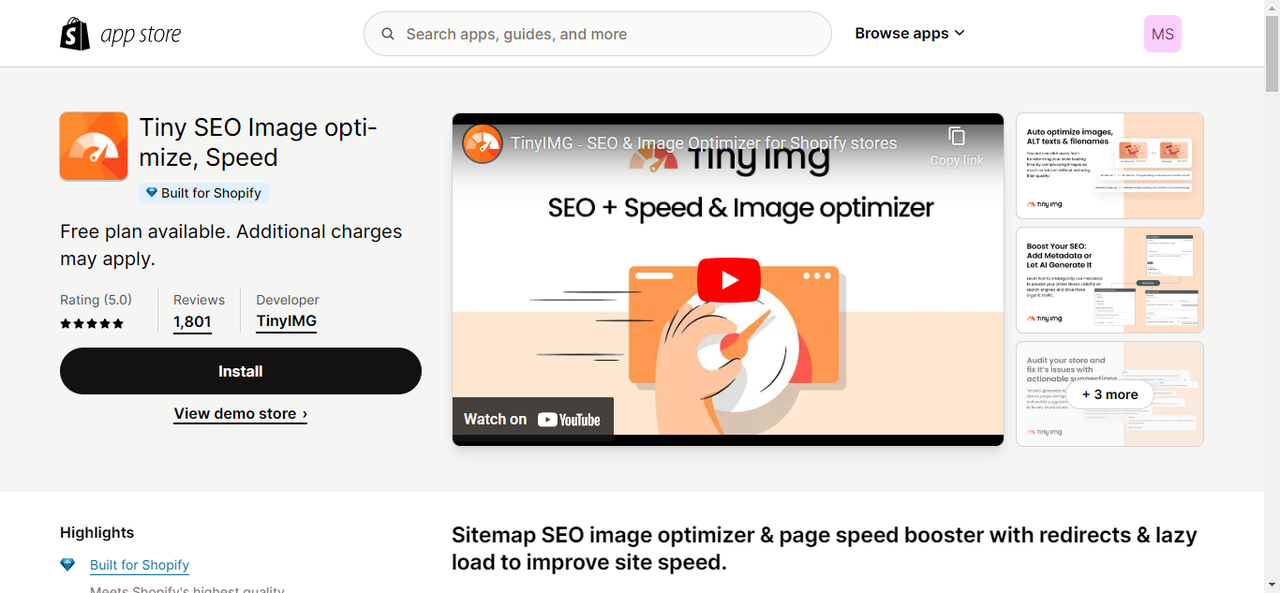 Tiny: SEO Image optimize, Speed's installation interface