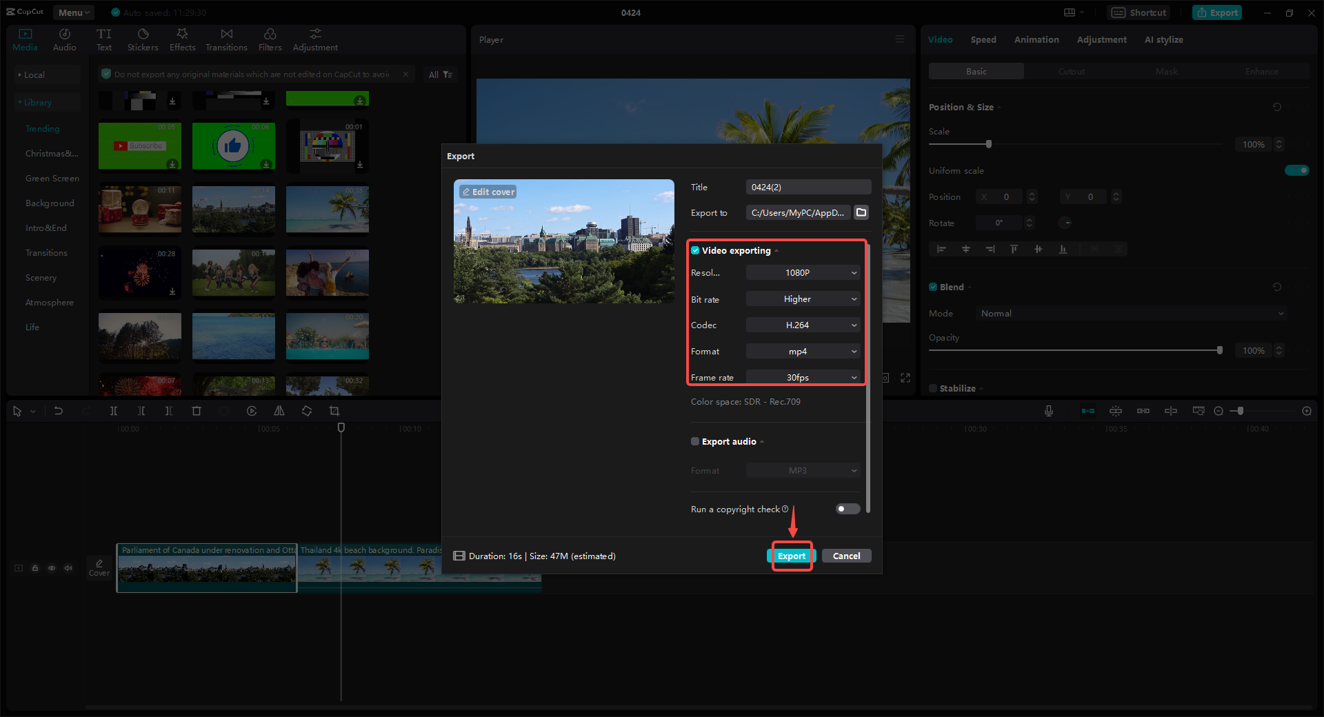 Export and share the video