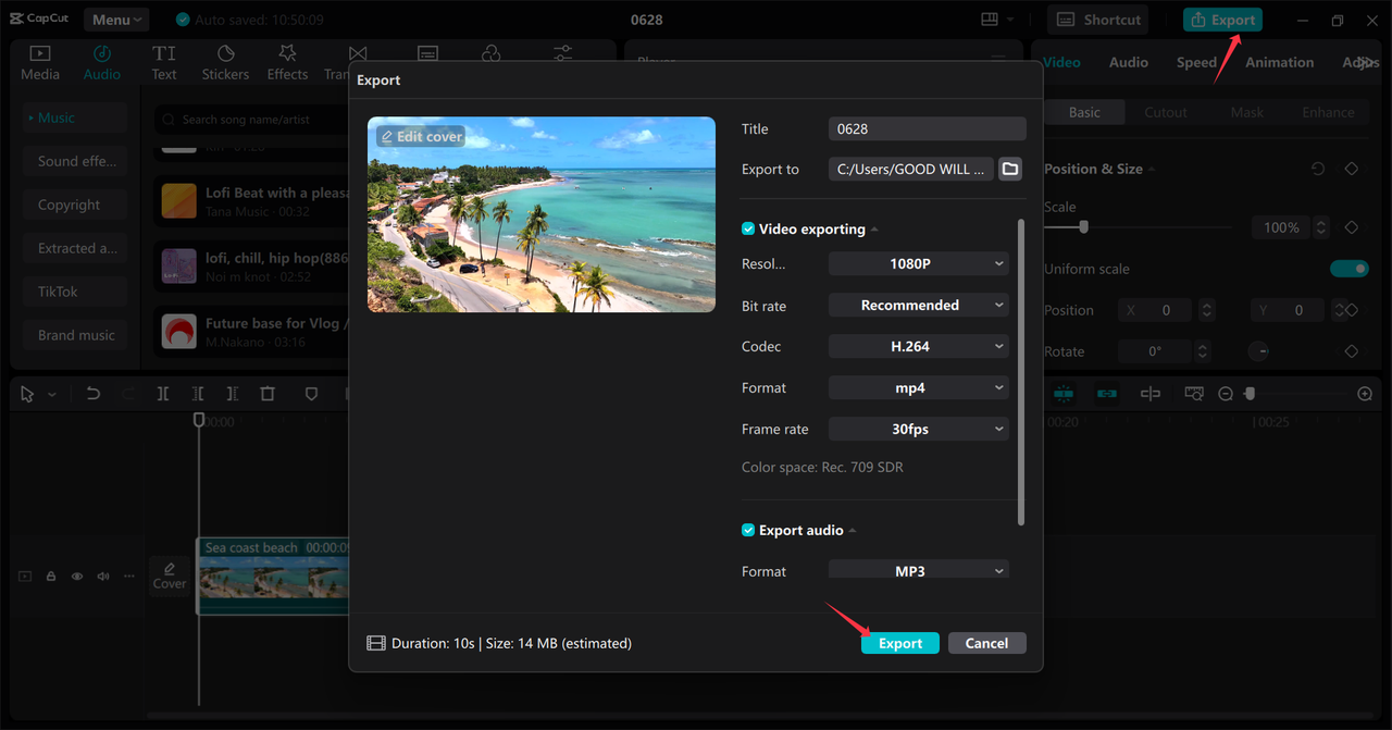 Exporting AI expanded image from the CapCut desktop video editor