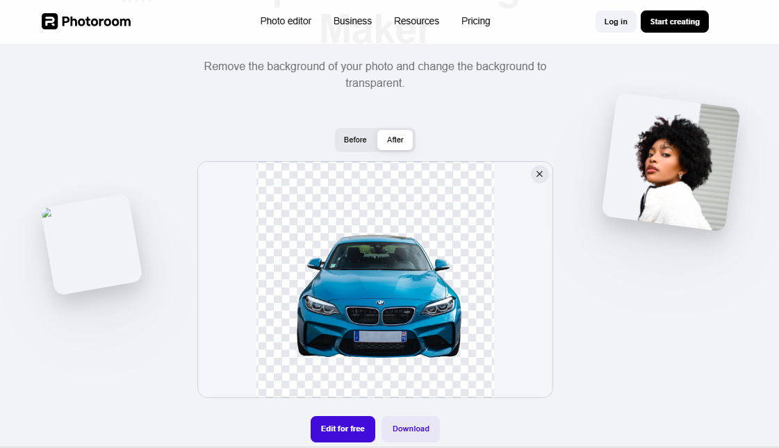 Photoroom interface showcasing AI background transparent tool