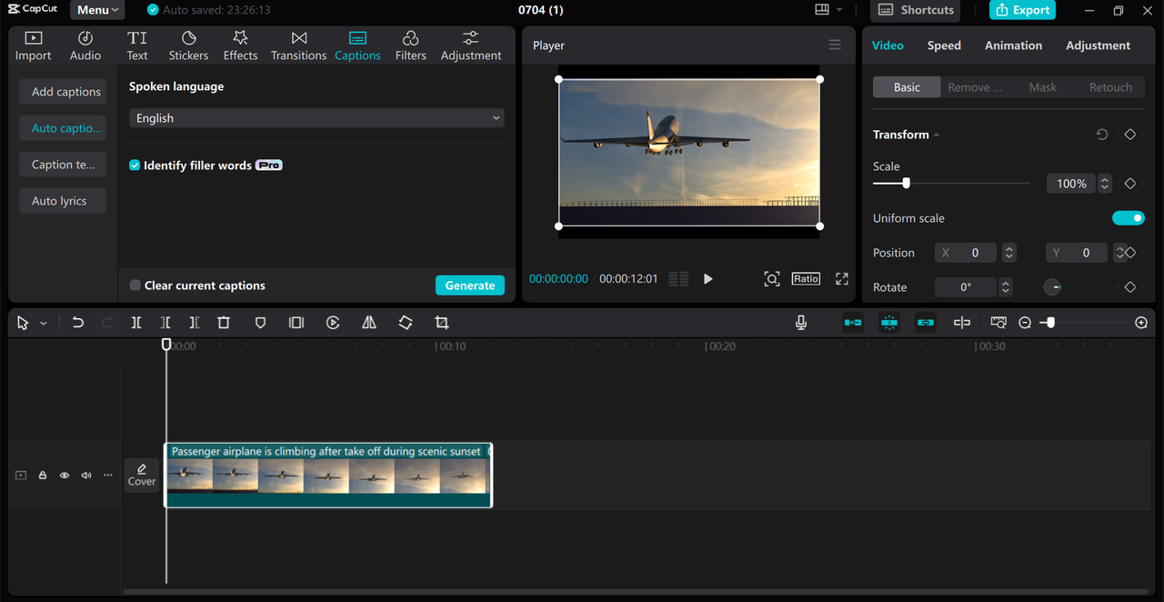 Editing interface of the CapCut desktop video editor, a robust tool to generate captions