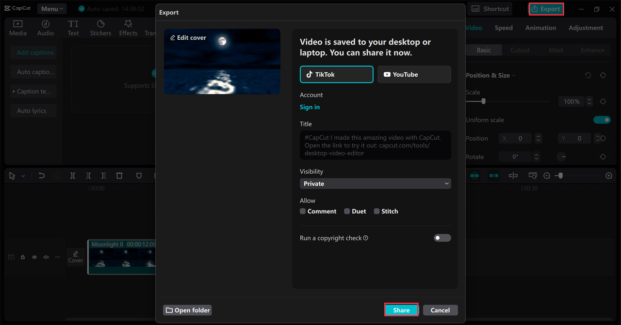 Sharing a video from the CapCut desktop video editor to TikTok