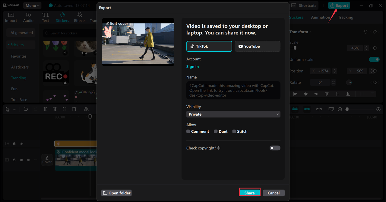 Sharing the video on TikTok from the CapCut desktop video editor