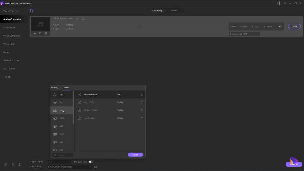 Interface of the UniConverter- a well-known tool to compress WAV files 