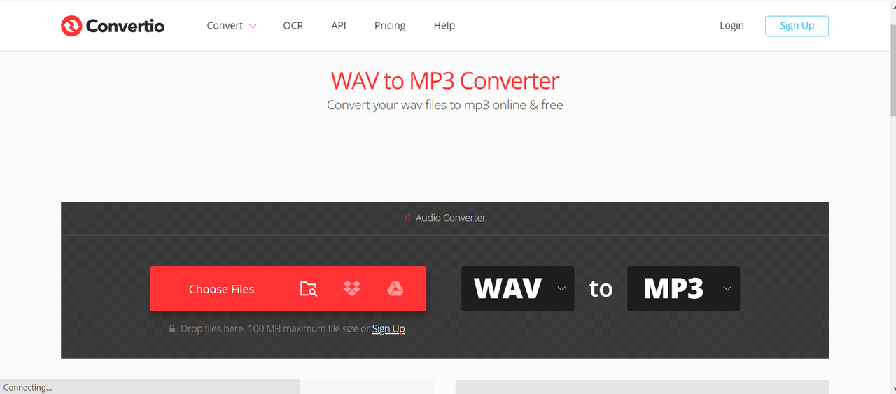 Interface of the Convertio- another online tool to compress WAV files 