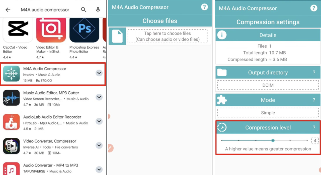 Compressing WAV file size in the M4A Audio Compressor mobile app  