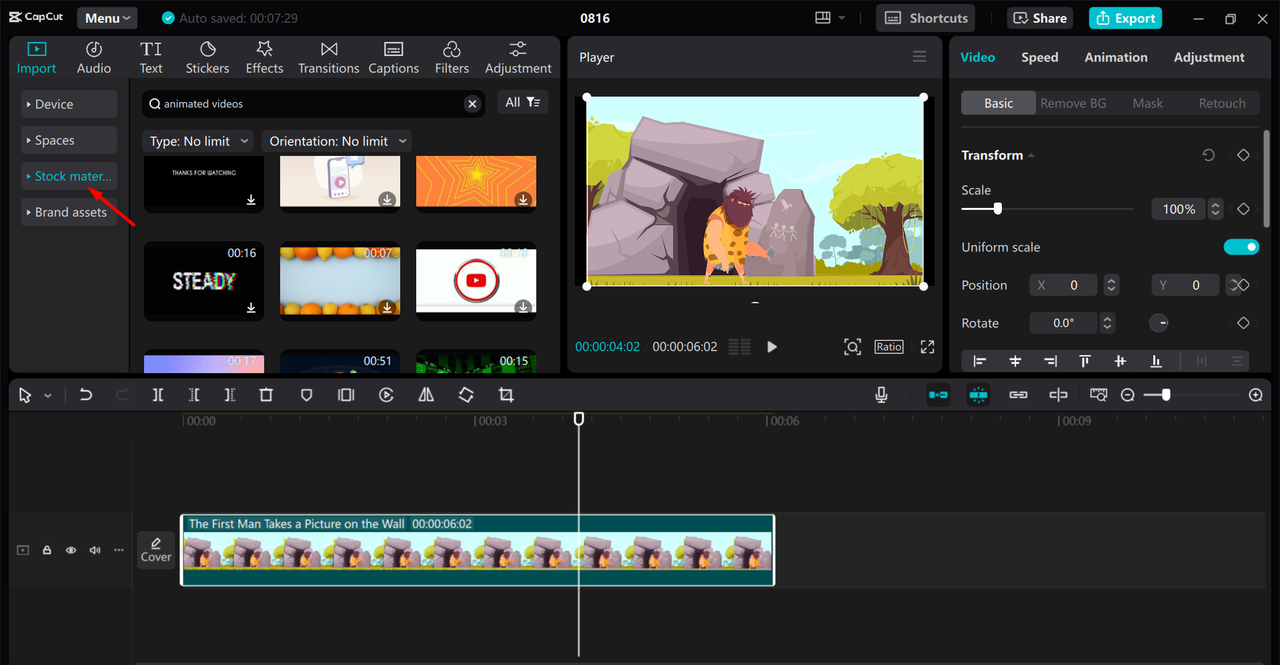 Selecting animated video from the CapCut desktop video editor's stock materials library 