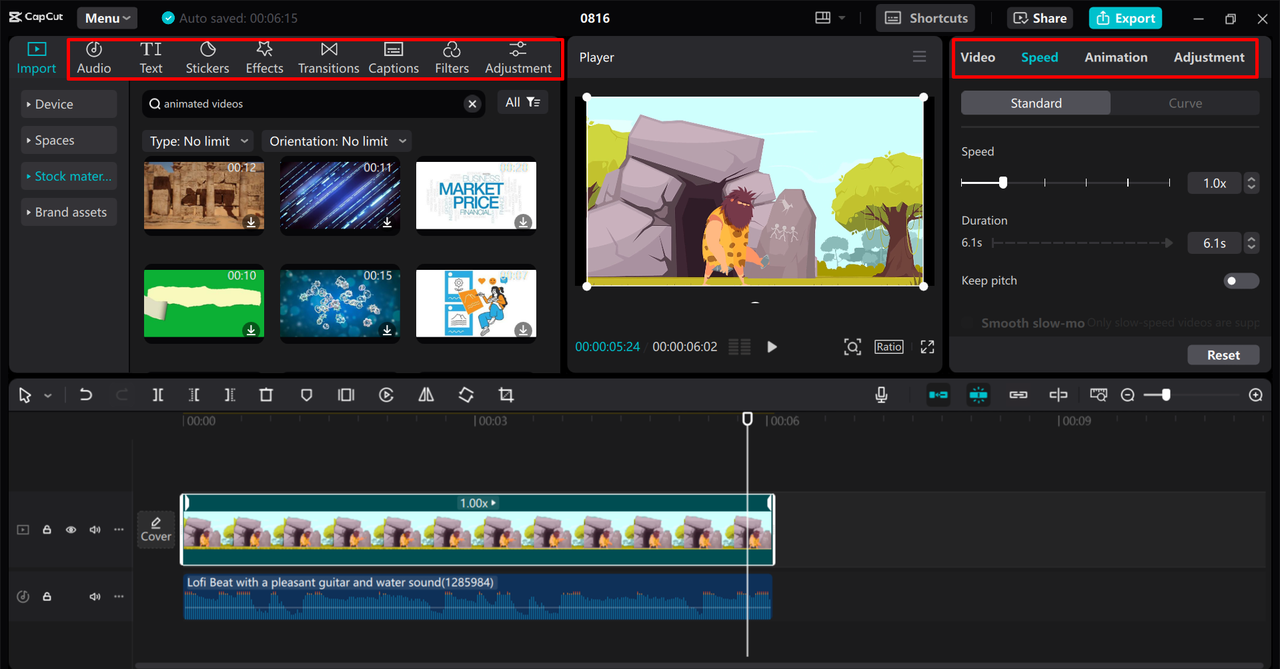 Interface showing how to create animated videos for YouTube in the CapCut desktop video editor