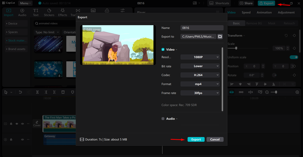 Exporting animated video from the CapCut desktop video editor