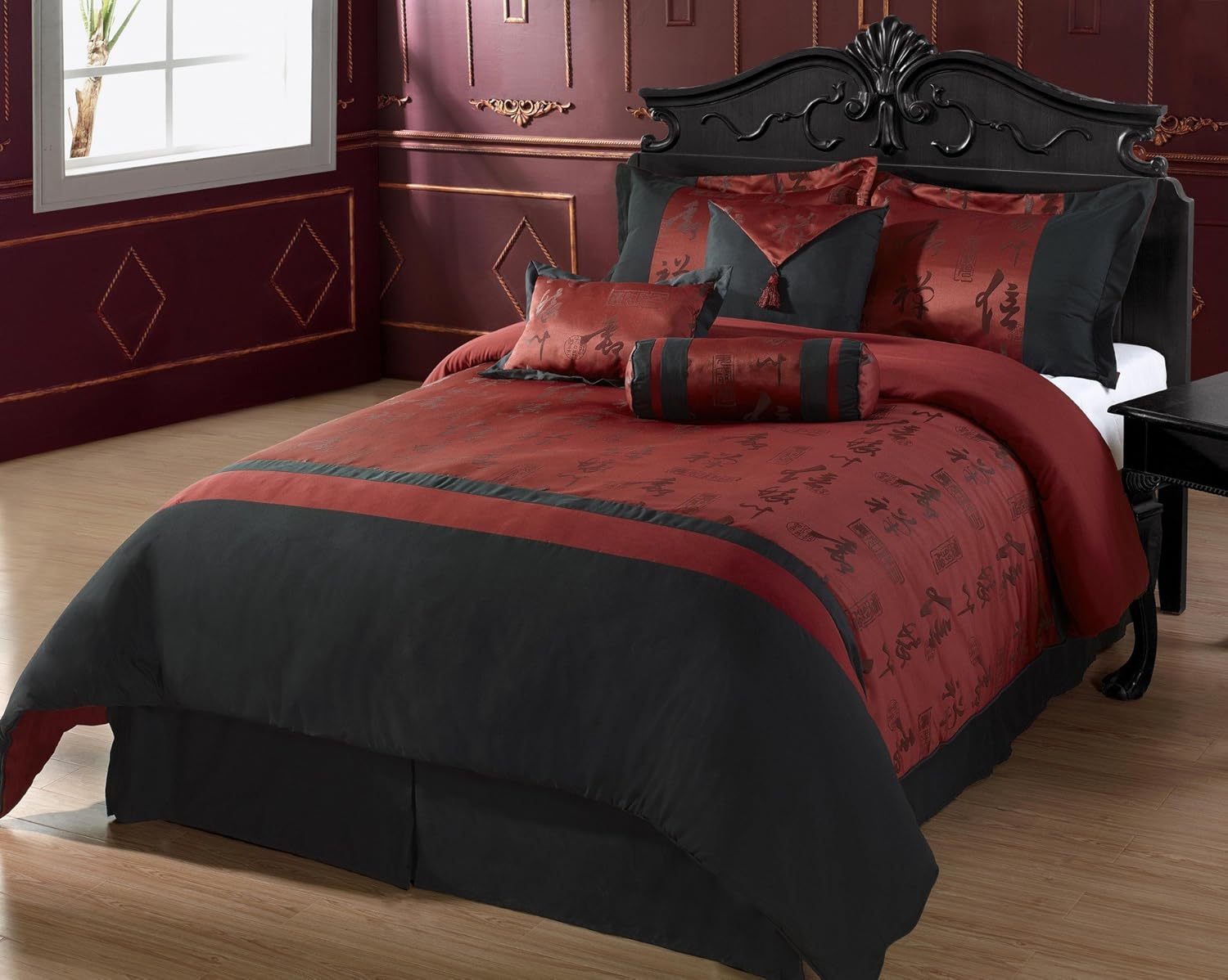 ... Set Burgundy with black Chinese letter Bed-in-a-bag Queen Size Bedding