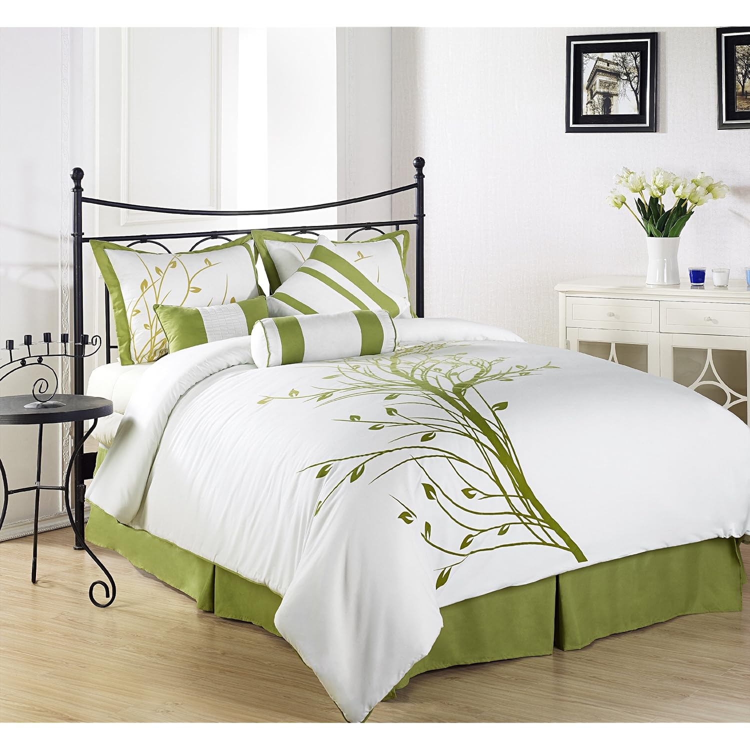 ... Green Tree on White Comforter Set Bed-in-a-bag for Queen Size Bedding