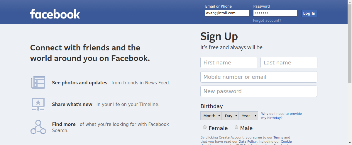 Main Facebook login page