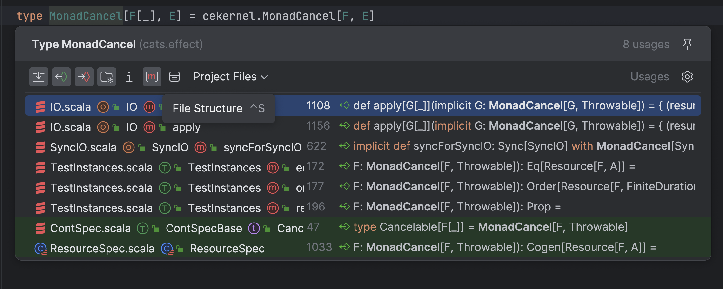 The "Find Usages" tool window with the "File Structure" feature