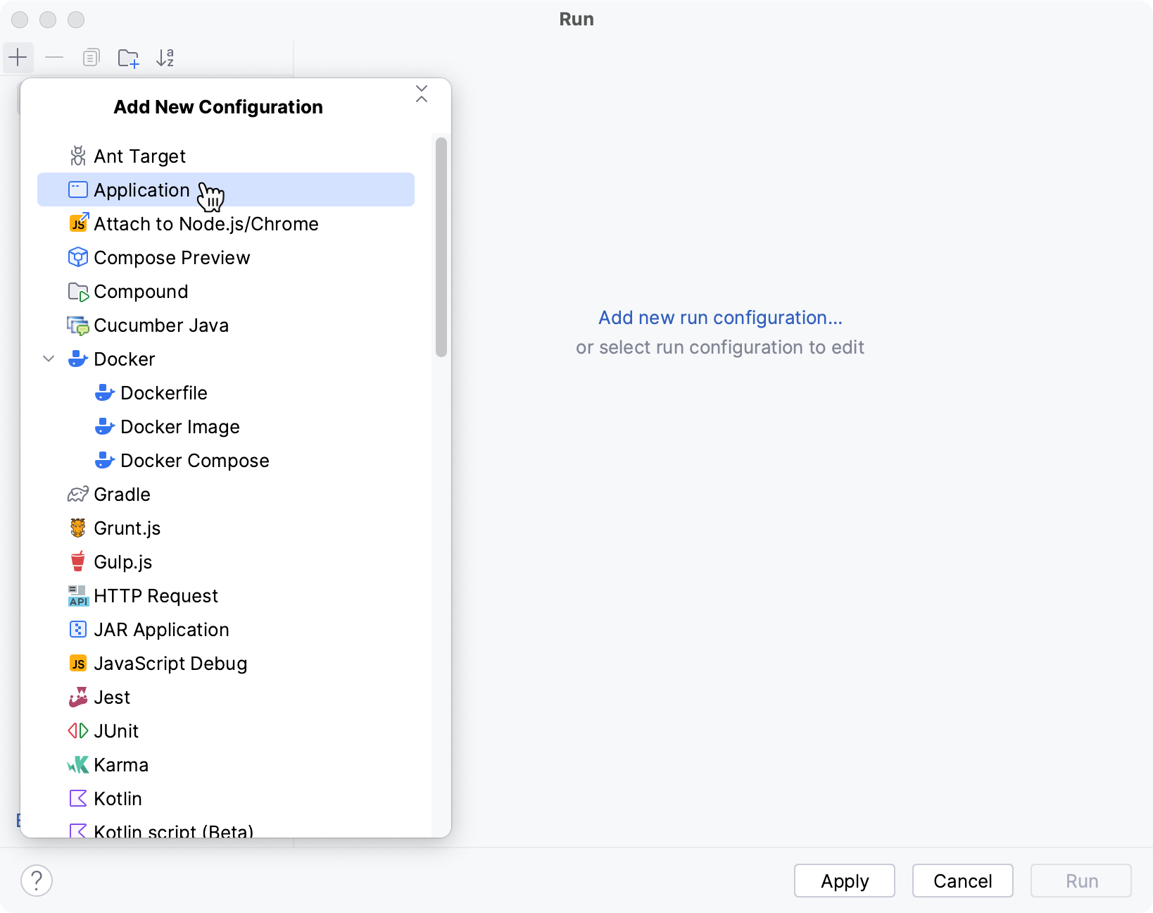 Selecting a new run/debug configuration template