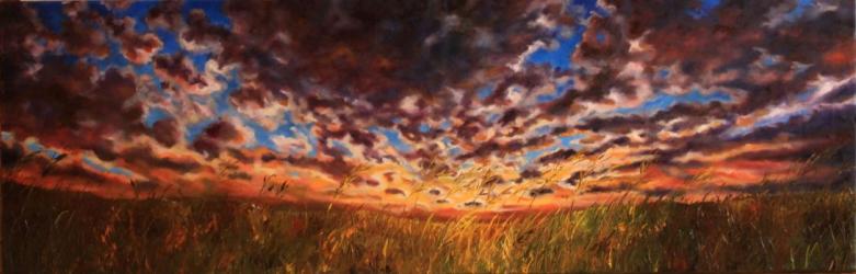 Sunset over a meadow - oil painting