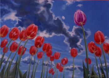 Tulips in the sky - oil painting