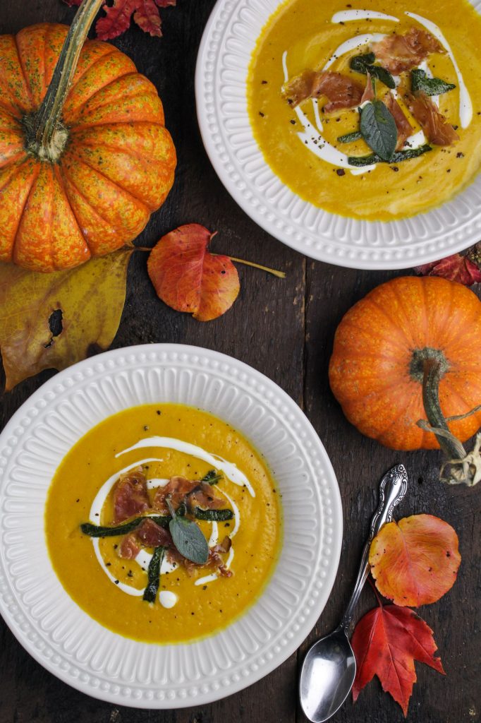 Curried Pumpkin Bisque with Prosciutto and Sage {Katie at the Kitchen Door}