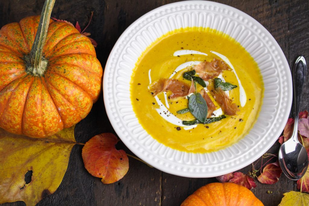 Curried Pumpkin Bisque with Prosciutto and Sage {Katie at the Kitchen Door}