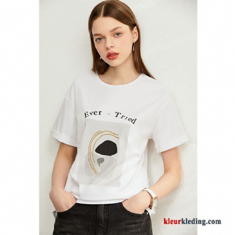 T-shirts Dames Zomer Ronde Hals Wit Bedrukken Jasje Losse Korte Mouw