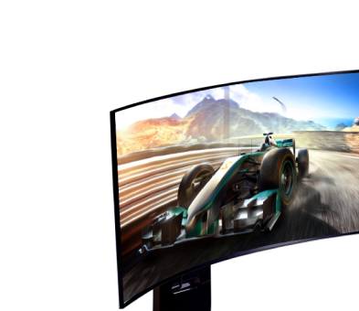 An image of a racing car on a curved monitor. The curved design of the screen emphasizes the immersive graphics.