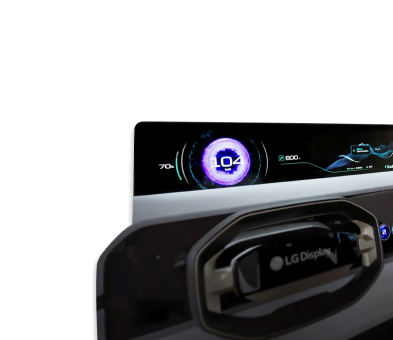 Below the car's dashboard display screen, which shows various information, you can see a steering wheel with the LG Display logo.