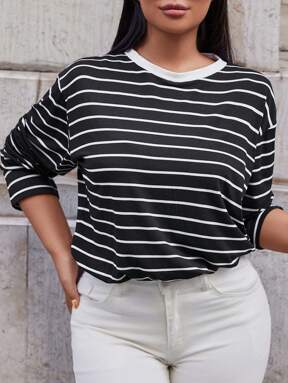 SHEIN Große Größe Drop Shoulder T-Shirt mit Streifen Muster,