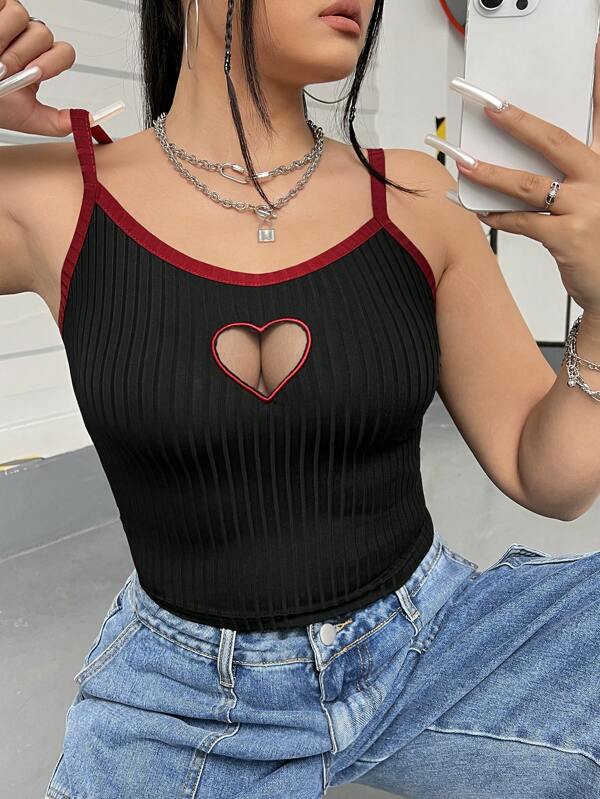 SHEIN EZwear 2024 Frühjahr/sommer Plus Größe Frauen Aushöhlen Mesh Herzausschnitt Camisole Mit Stickerei Für Valentinstag