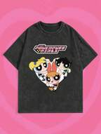 The Powerpuff Girls | ROMWE メンズ カートゥーングラフィックTシャツ、文字ロゴ、スクール