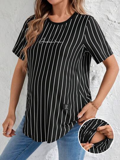 SHEIN Maternity Summer Casual Striped Letter Printed Short Sleeve Breastfeeding T-Shirt