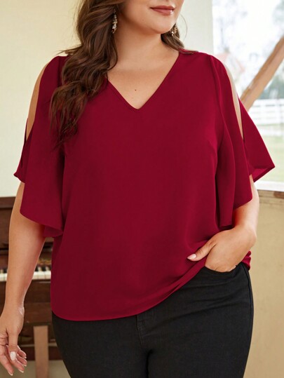 SHEIN Clasi Plus Size Solid Color V-Neck Split Hem Casual Summer Shirt