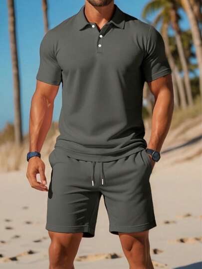 Men Solid Polo Shirt & Drawstring Waist Shorts